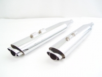 MUFFLERS 4 INCH OVAL FOR HARLEY ALL DRESSER & GLIDES 1985-2016 CHROME W/ DUAL SLASH EXHAUST TIP CHROME